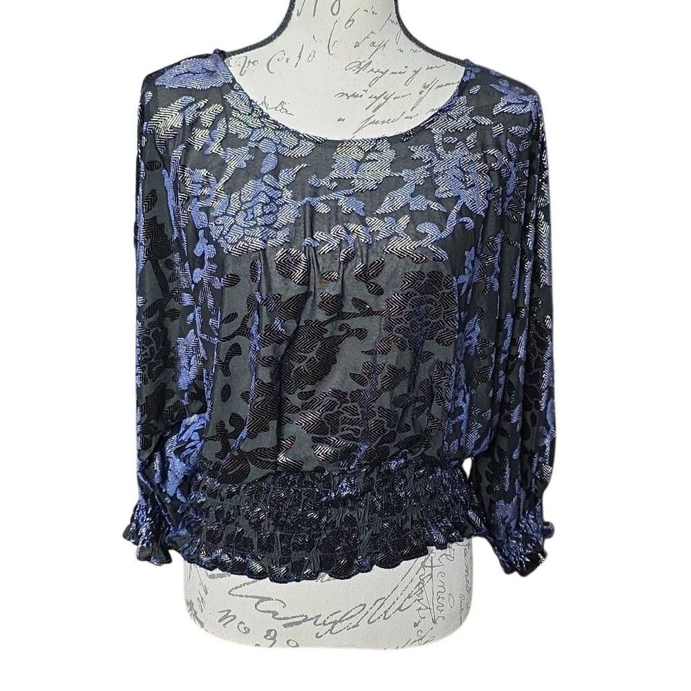 Express Women's Size Large Navy Gold Black Sheer Velvet Long Sleeve Blouse